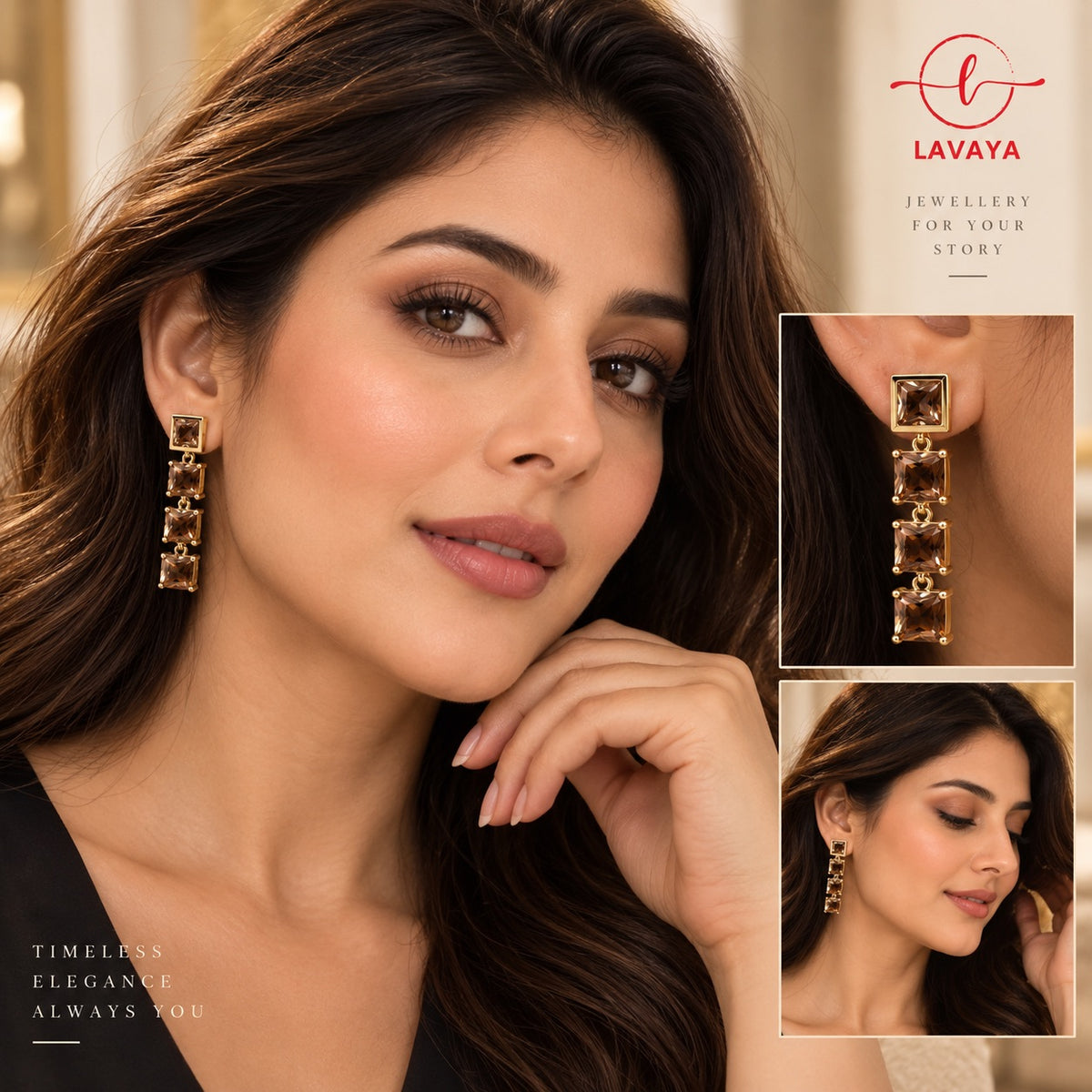 Lavaya Champagne Crystal Square 4-Tier Linear Drop Earrings