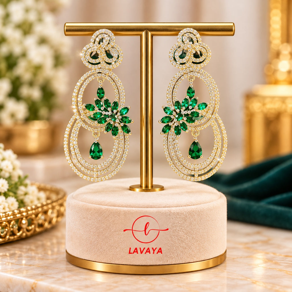 Lavaya Luxury Emerald Green Floral Crystal Chandelier Earrings for Women – Premium Gold-Tone Designer Long Drop Wedding & Party Wear Jewellery