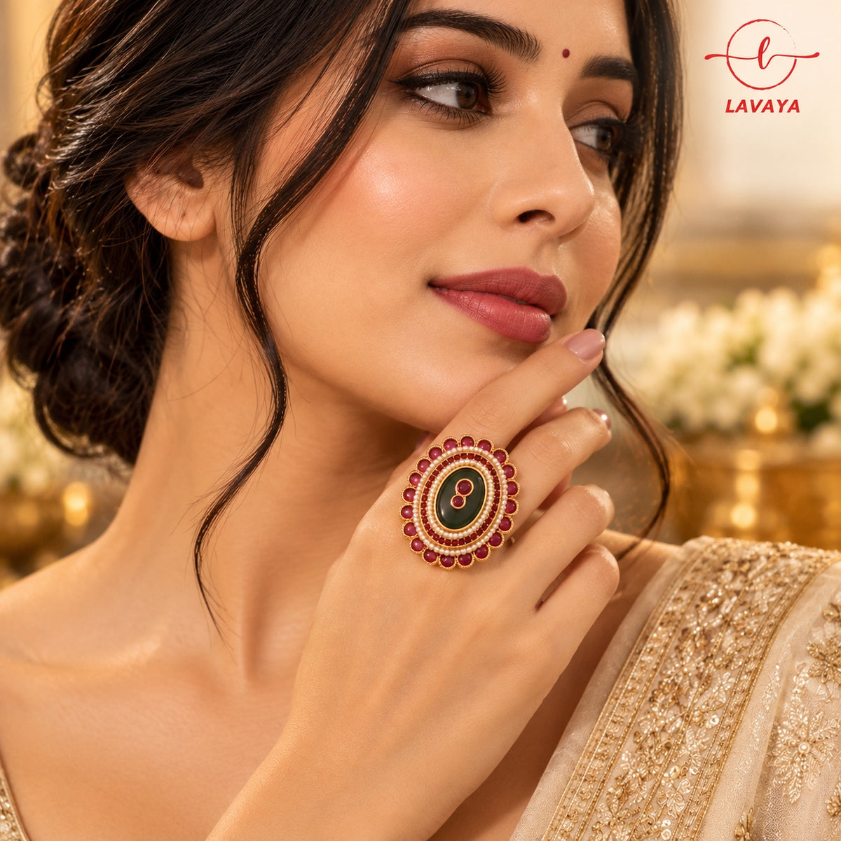 Lavaya Royal Ruby Red & Emerald Green Oval Kundan Statement Ring with Pearl Detailing and Gold-Tone Finish