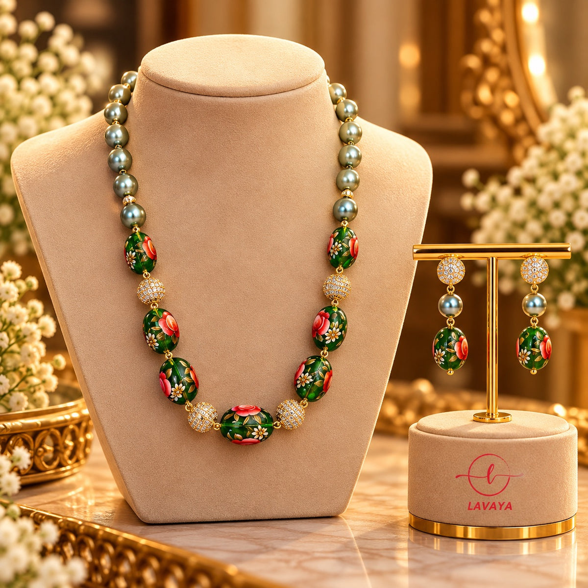 Lavaya Royal Green Floral Meenakari Beaded Necklace & Matching Earrings Set
