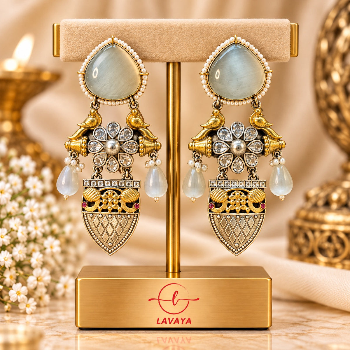 Lavaya Royal Pearl & Crystal Floral Gold-Toned Heritage Statement Earrings