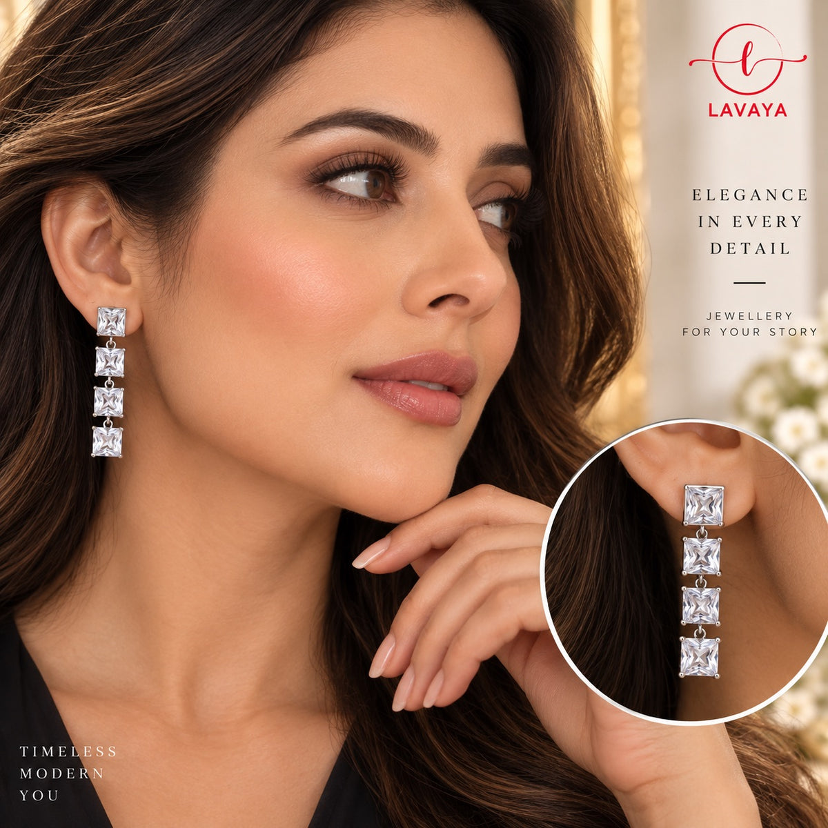 Silver-Toned Geometric Cubic Zirconia Drop Earrings for Evening & Bridal Wear