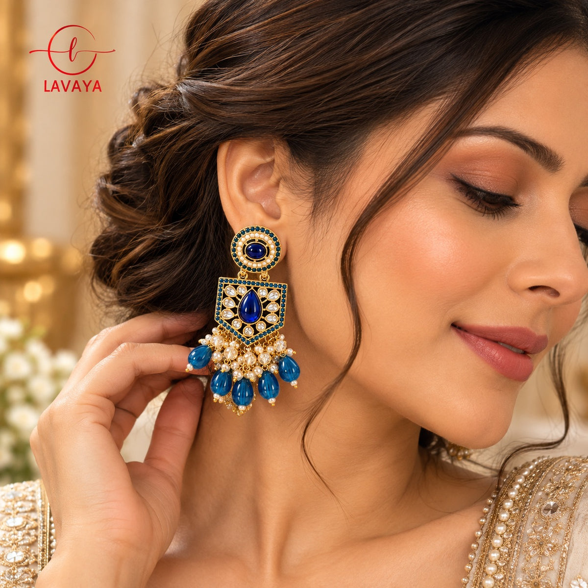 Lavaya Royal Sapphire Blue Kundan-Style Statement Earrings with Pearl & Blue Teardrop Beads