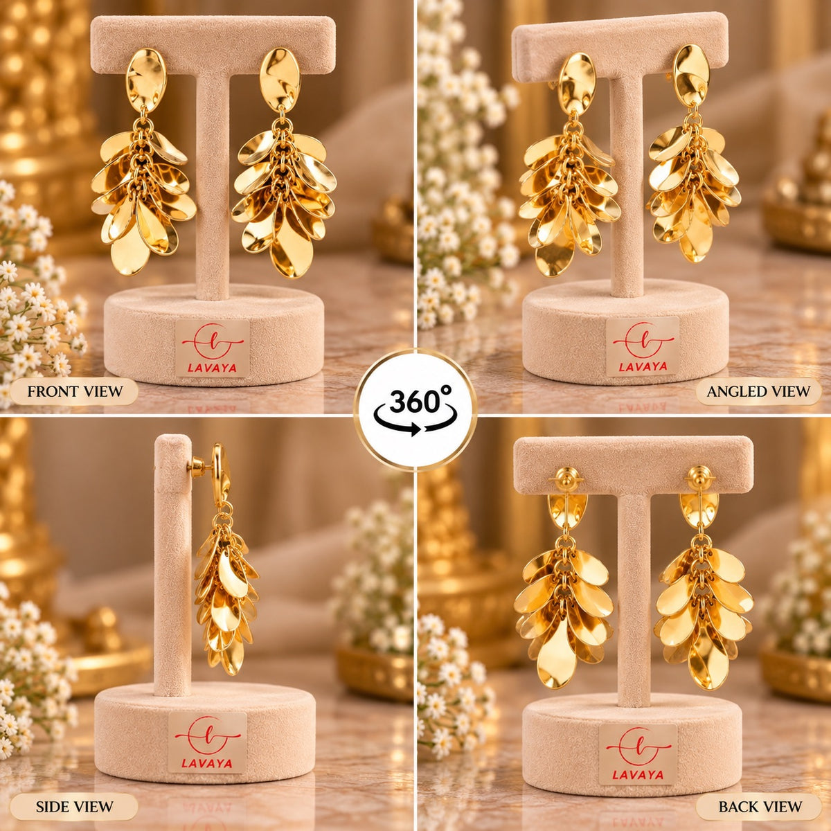 Lavaya Luxury Gold-Tone Cascading Petal Drop Earrings for Women