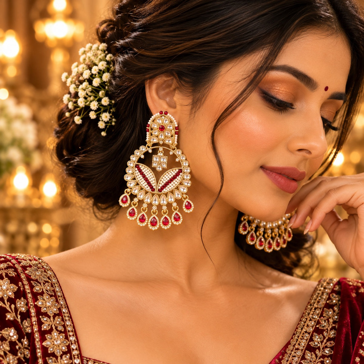Lavaya Royal Ruby Red Kundan Statment Earrings with Pearl & Crystal Drops