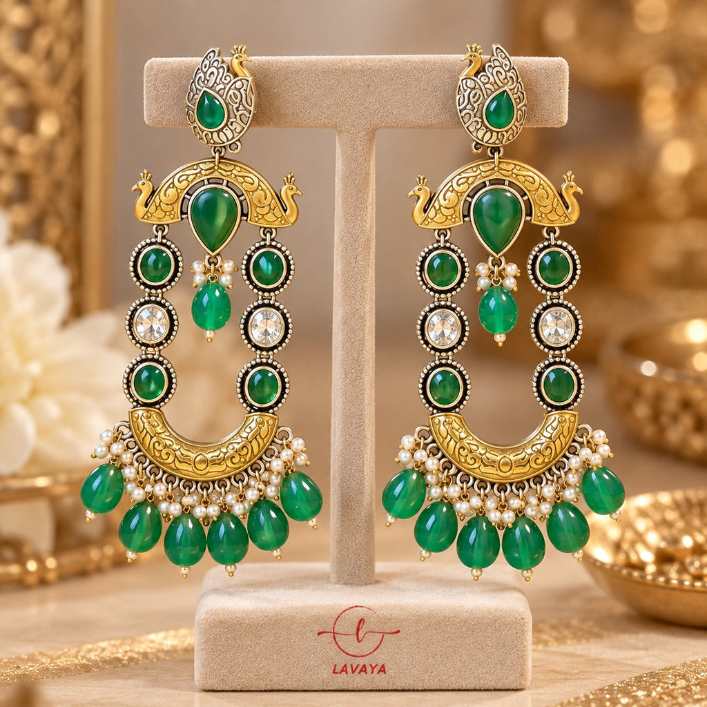 Lavaya Royal Emerald Green Peacock Chandbali Earrings with Pearl & Green Bead Drops