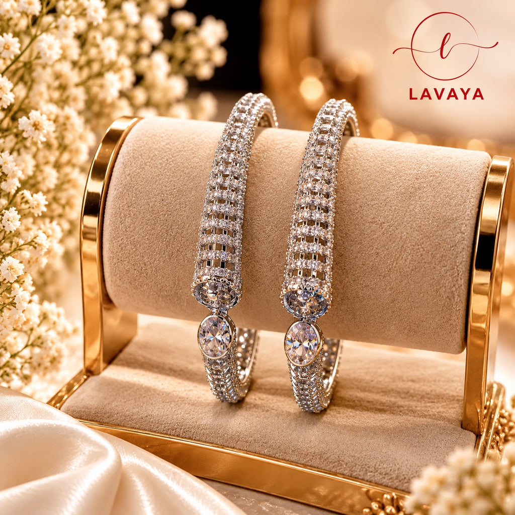 Lavaya Royal Silver-Tone Oval Crystal Kada Bangles – Luxury Diamond-Look Designer Statement Bangles Set of 2