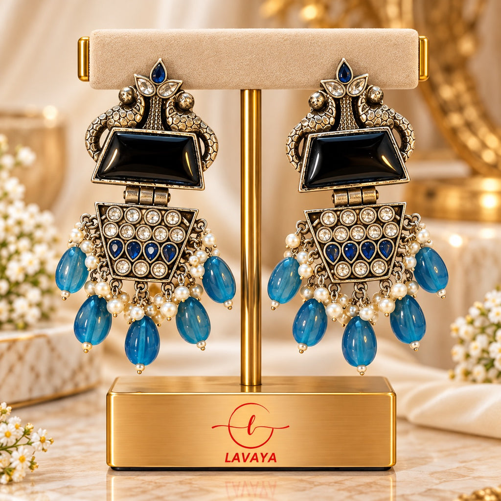Lavaya Royal Midnight Black & Sapphire Blue Statement Earrings with Crystal Accents & Blue Bead Drops