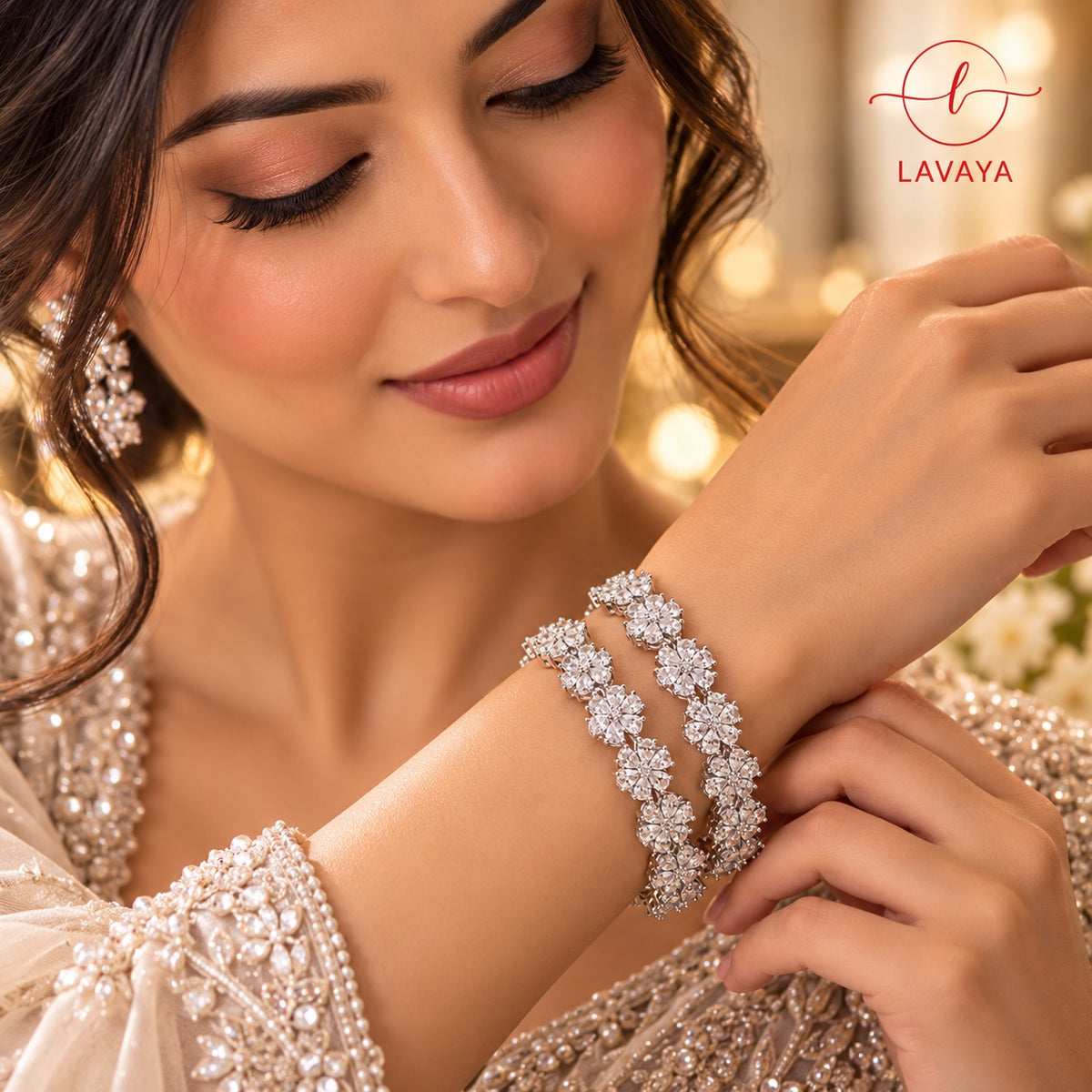 Lavaya Royal Silver-Tone Crystal Floral Kada Bangles – Elegant White Stone Statement Bangles Set of 2