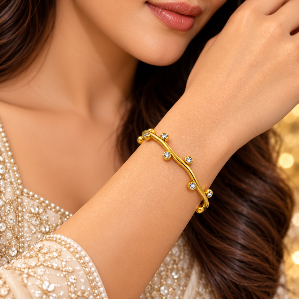 Golden Wavy Crystal Cuff Bracelet