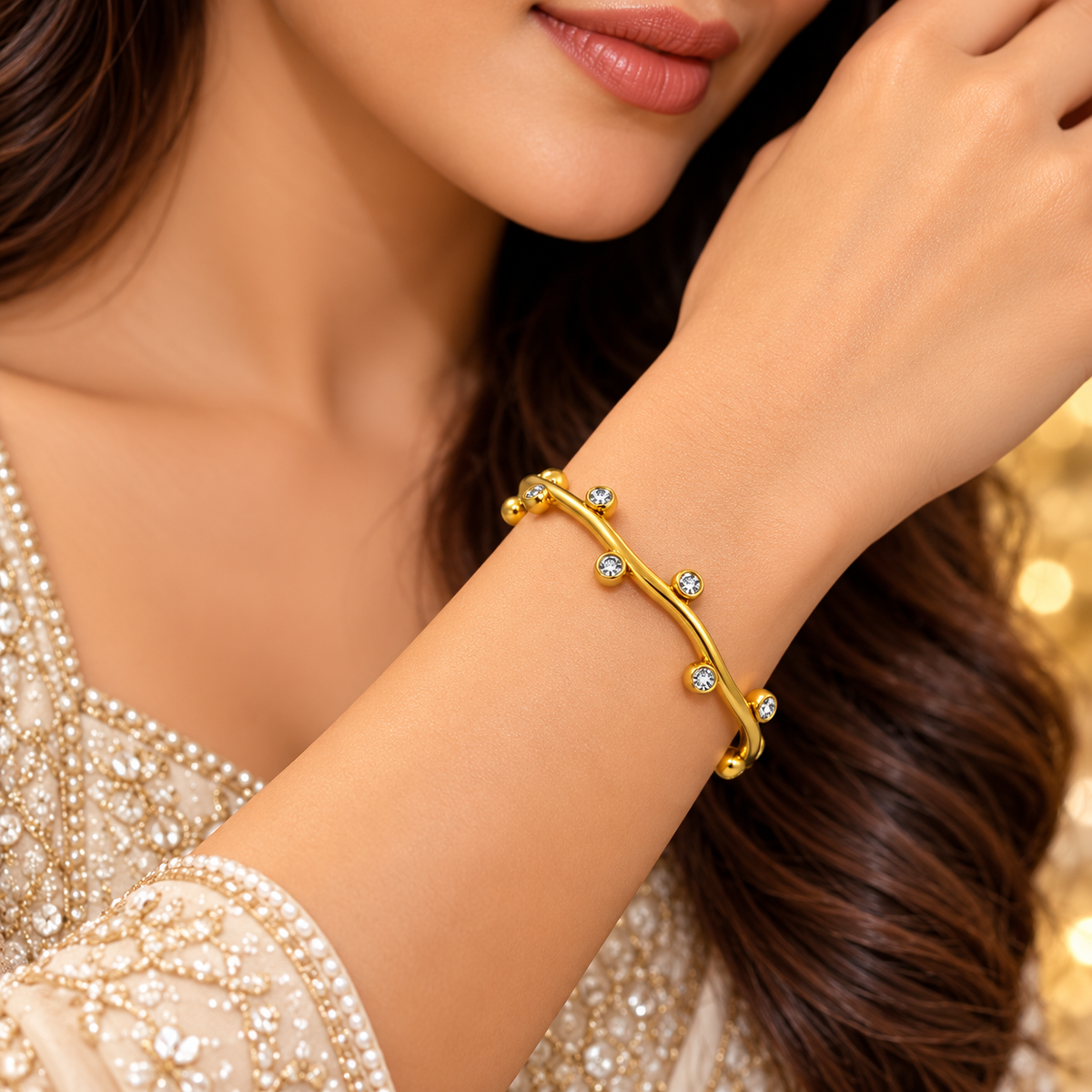 Golden Wavy Crystal Cuff Bracelet