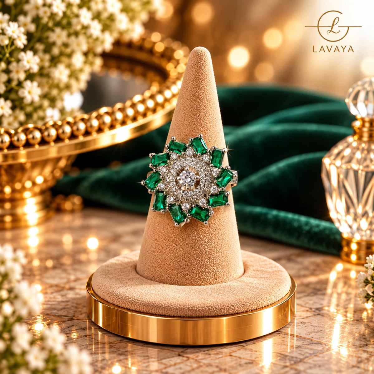 Lavaya Royal Emerald Green Crystal Floral Statement Ring with Sparkling White Stones & Silver-Tone Finish