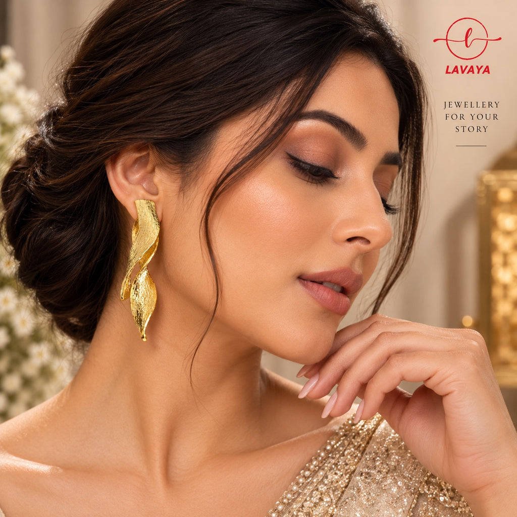 Lavaya Golden Elegance Sculpted Wave Earrings for Women | Textured Designer Statement Earrings | Premium Fashion Jewellery