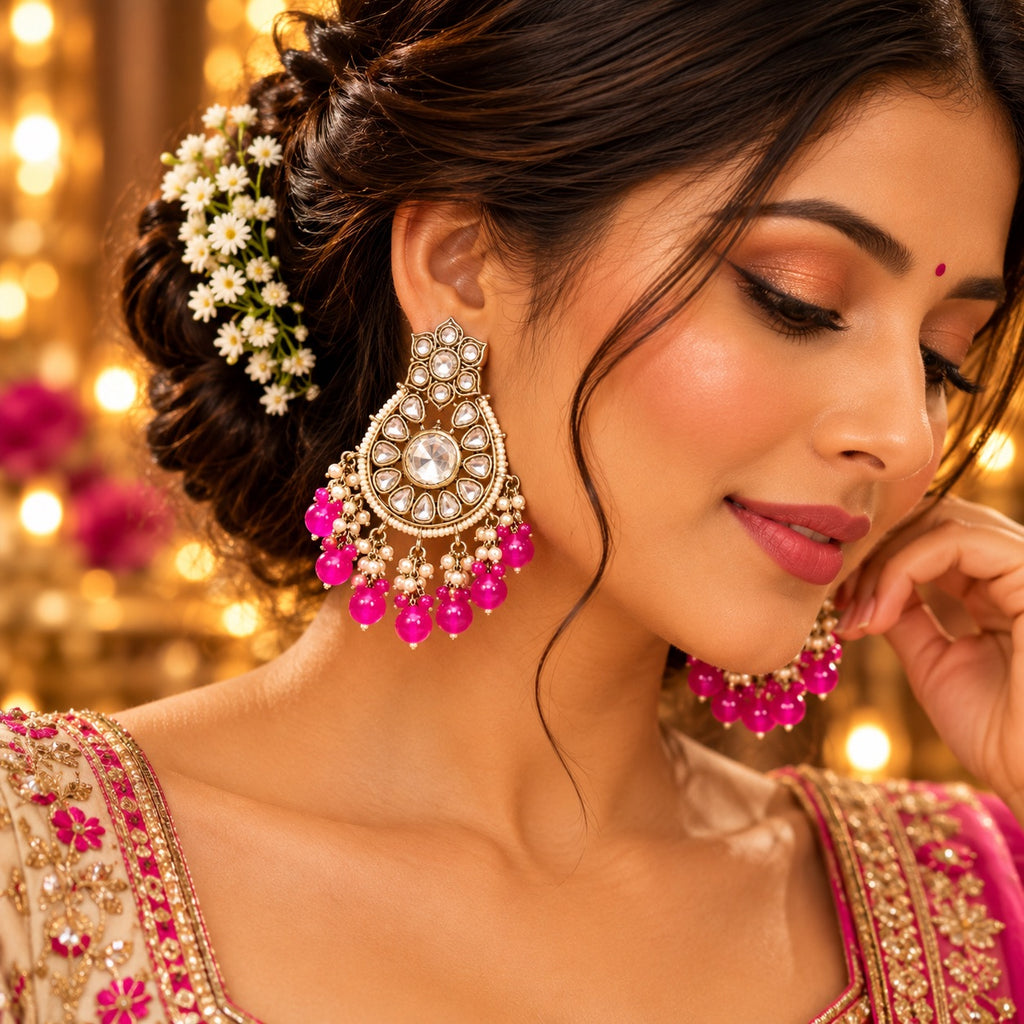 Lavaya Royal Pink Kundan Chandbali Earrings with Pearl & Fuchsia Bead Drops