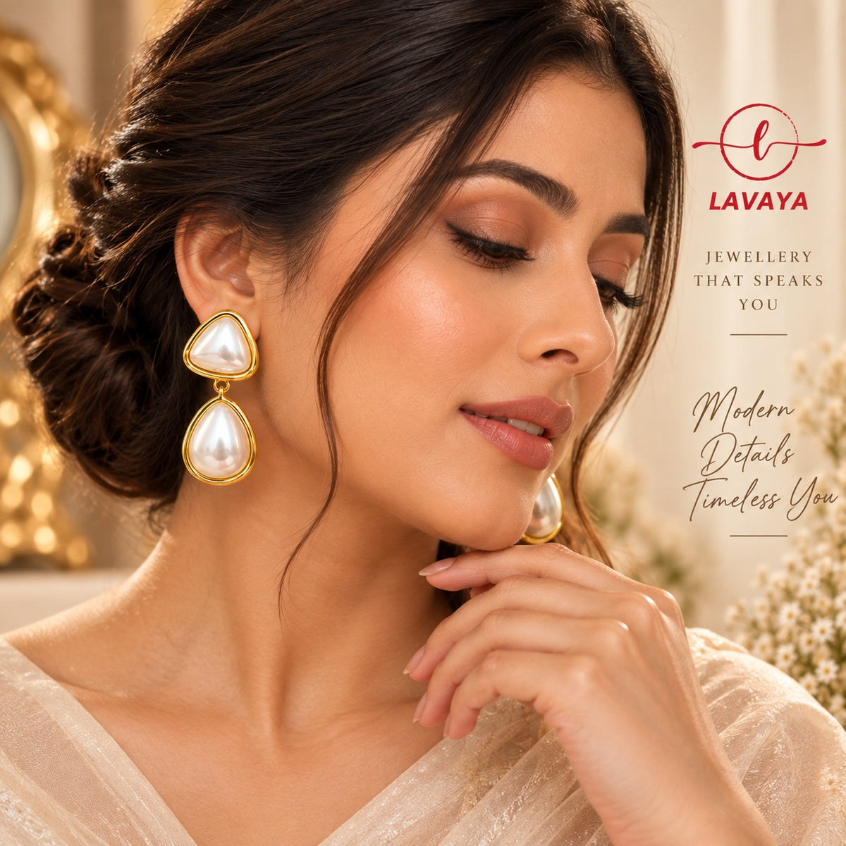 Two-Tier Geometric Triangle & Teardrop Pearl Cabochon Drop Earrings in Gold Bezel Setting