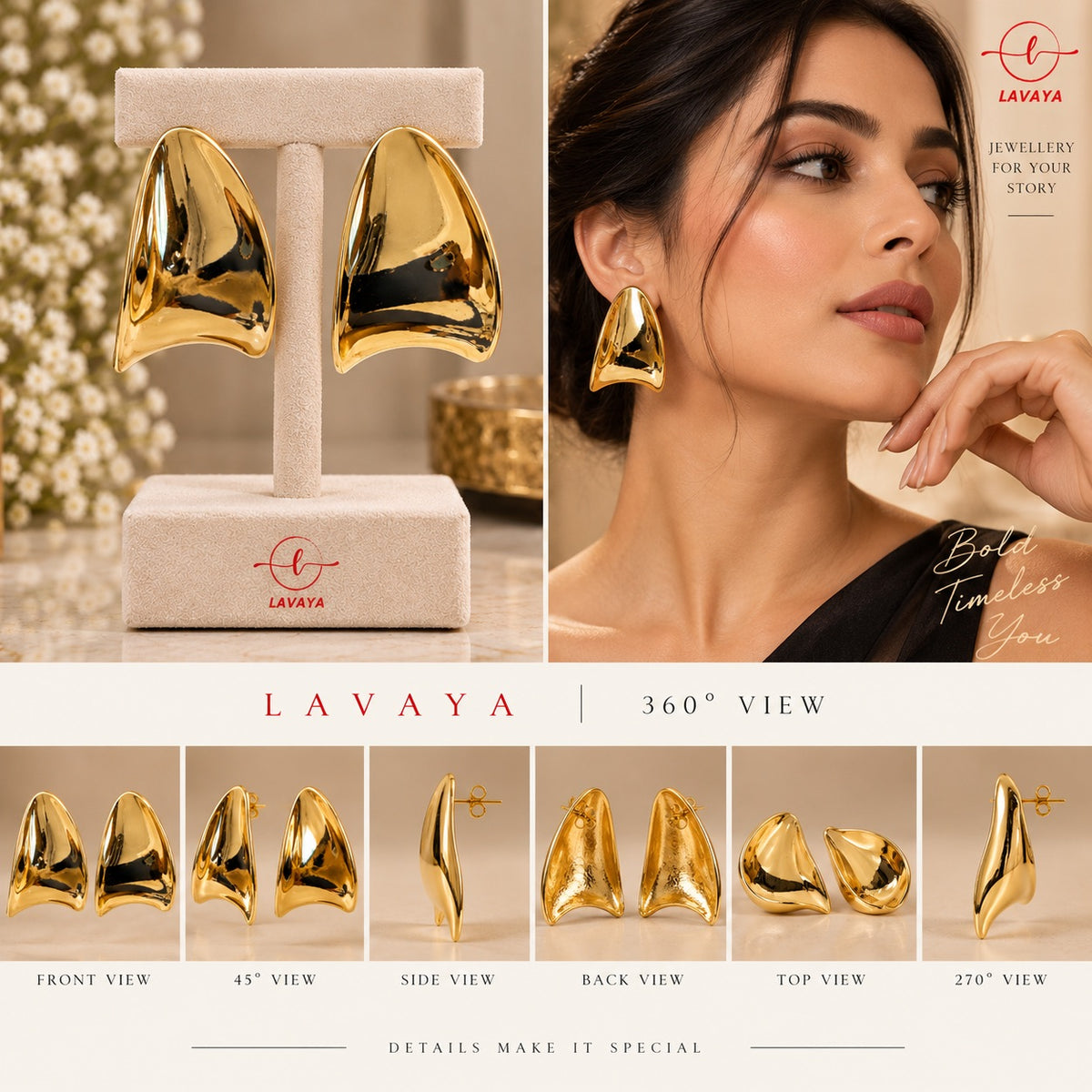 Contemporary High-Shine Molten Gold Sculptural Fan Shield Statement Stud Earrings for Women