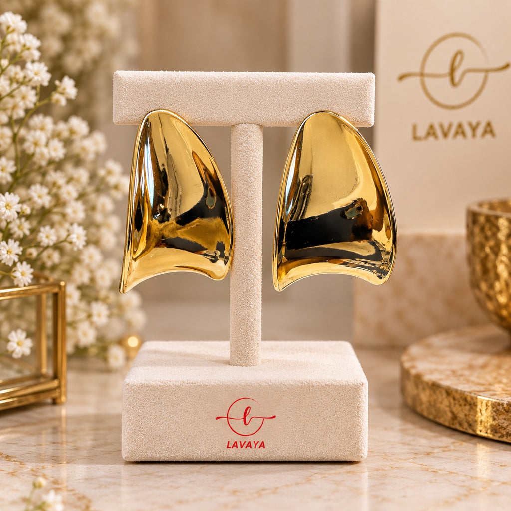 Contemporary High-Shine Molten Gold Sculptural Fan Shield Statement Stud Earrings for Women