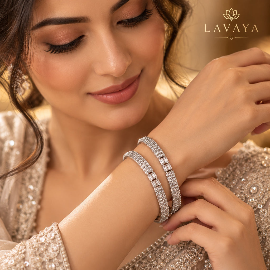 Lavaya Royal Silver-Tone Baguette Crystal Studded Designer Kada Bangles – Luxury Diamond-Look Bangles Set of 2