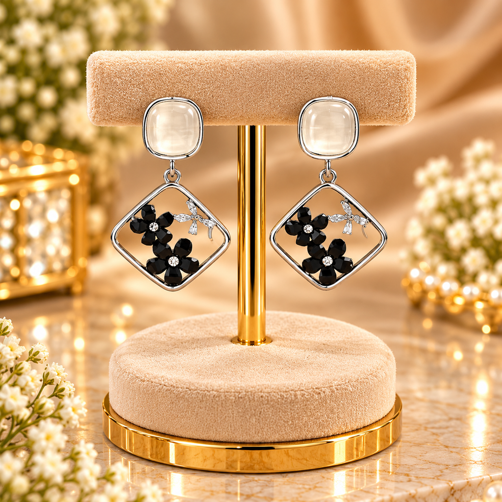 Monochrome Floral Geometric Drop Earrings