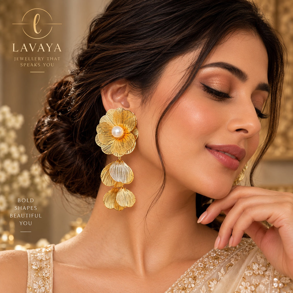 Sculptural Fine-Ribbed Golden Blossom & Pearl Drop Earrings for Festive & Bridal Wear