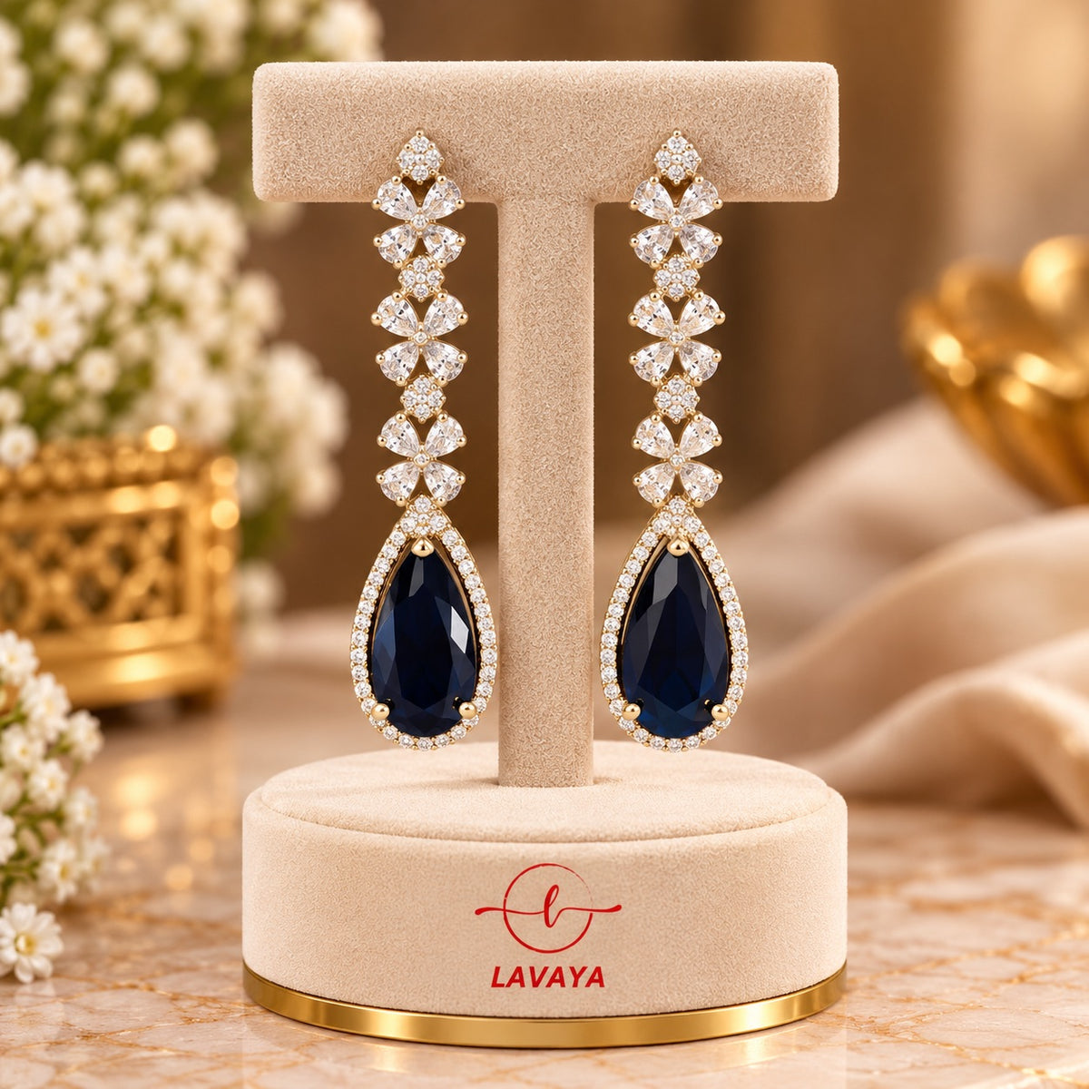 Lavaya Luxury Midnight Blue Teardrop Crystal Earrings for Women – Premium Gold-Tone Floral Designer Long Drop Wedding & Party Wear Jewellery