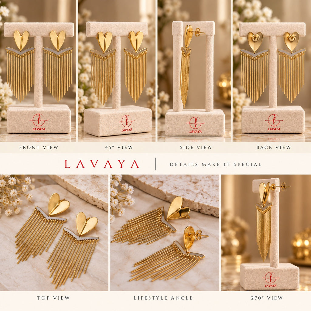 Lavaya Golden Heart Cascade Long Tassel Earrings for Women | Elegant Heart-Shaped Fringe Drop Statement Earrings