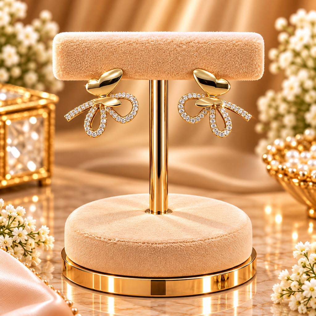 Heart & Pavé Ribbon Bow Stud Earrings