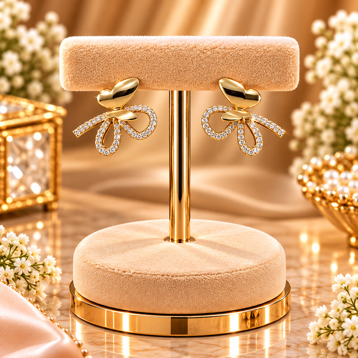Heart & Pavé Ribbon Bow Stud Earrings
