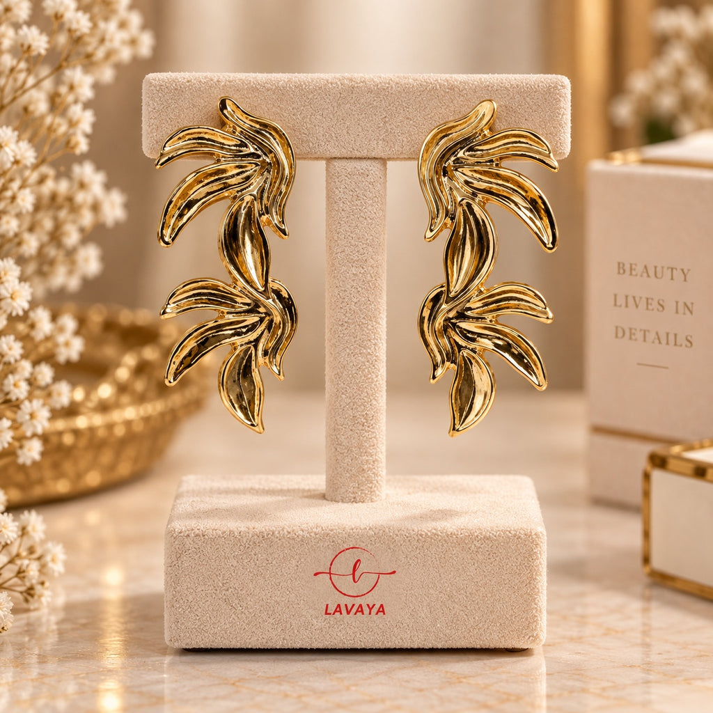 Articulated Curved Banana Leaf Statement Earrings in Ultra-Polished Gold Plating