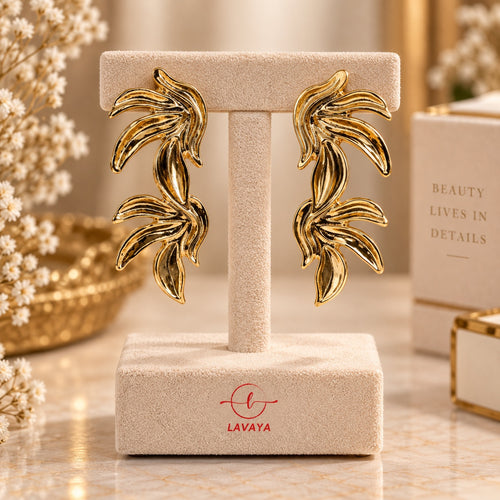 Articulated Curved Banana Leaf Statement Earrings in Ultra-Polished Gold Plating