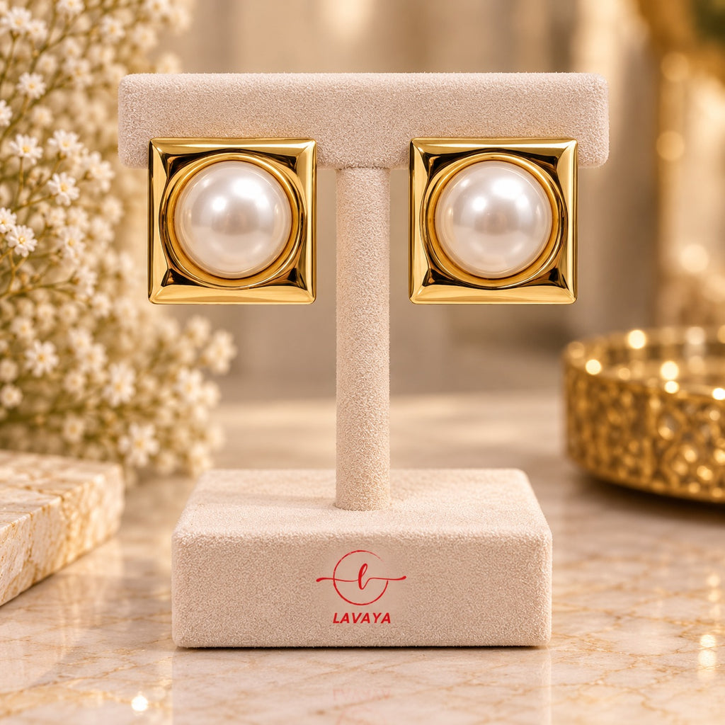 Bold Beveled Edge Gold-Plated Square Frame Pearl Button Stud Earrings for Evening & Office Wear