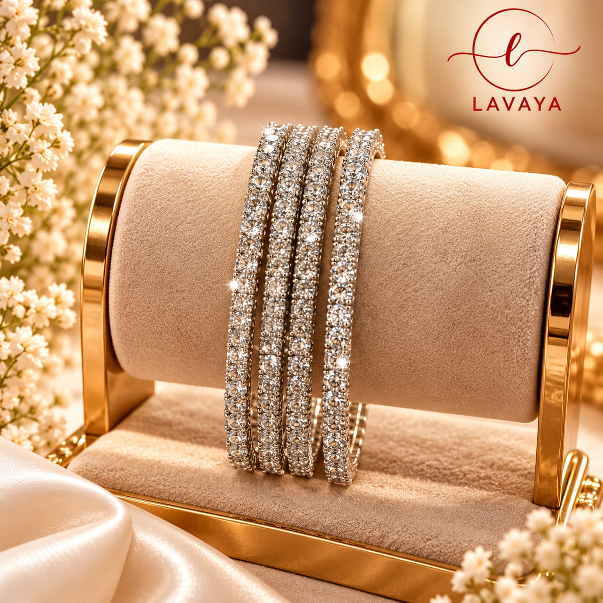 Lavaya Royal Silver-Tone Princess-Cut Crystal Bangles – Luxury Diamond-Look Designer Bangles Set of 4