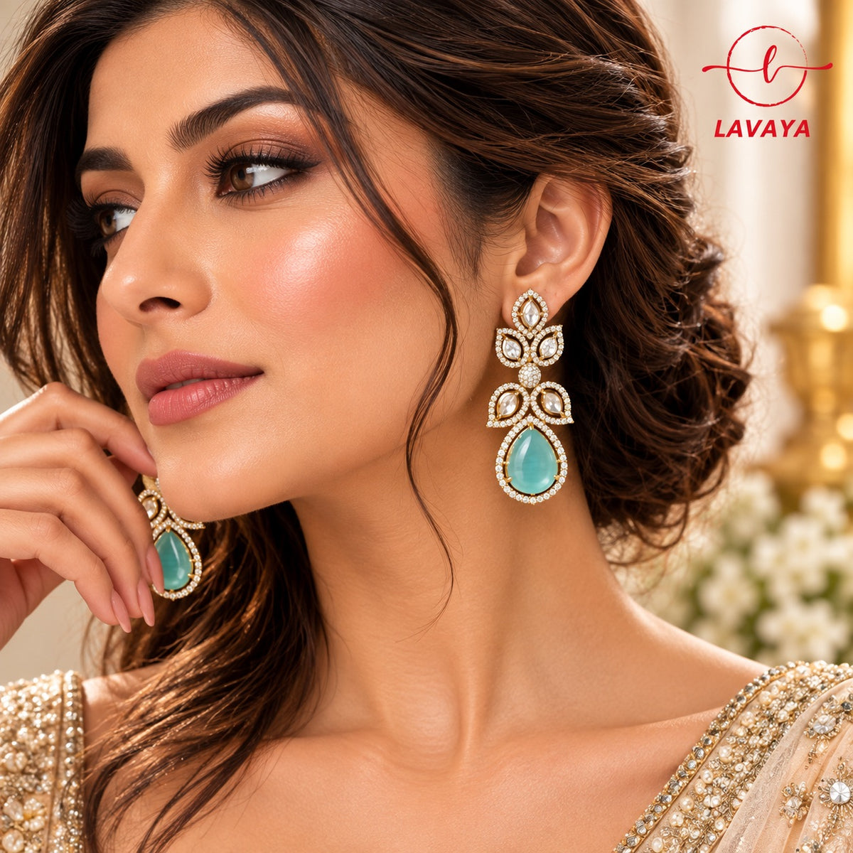 Lavaya Luxury Mint Green Teardrop Kundan Earrings for Women – Premium Gold-Tone Crystal Studded Designer Wedding & Party Wear Jewellery