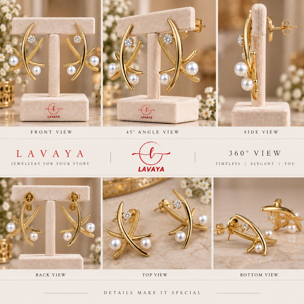Sculptural Cross Gold Statement Studs with Luminous Pearls