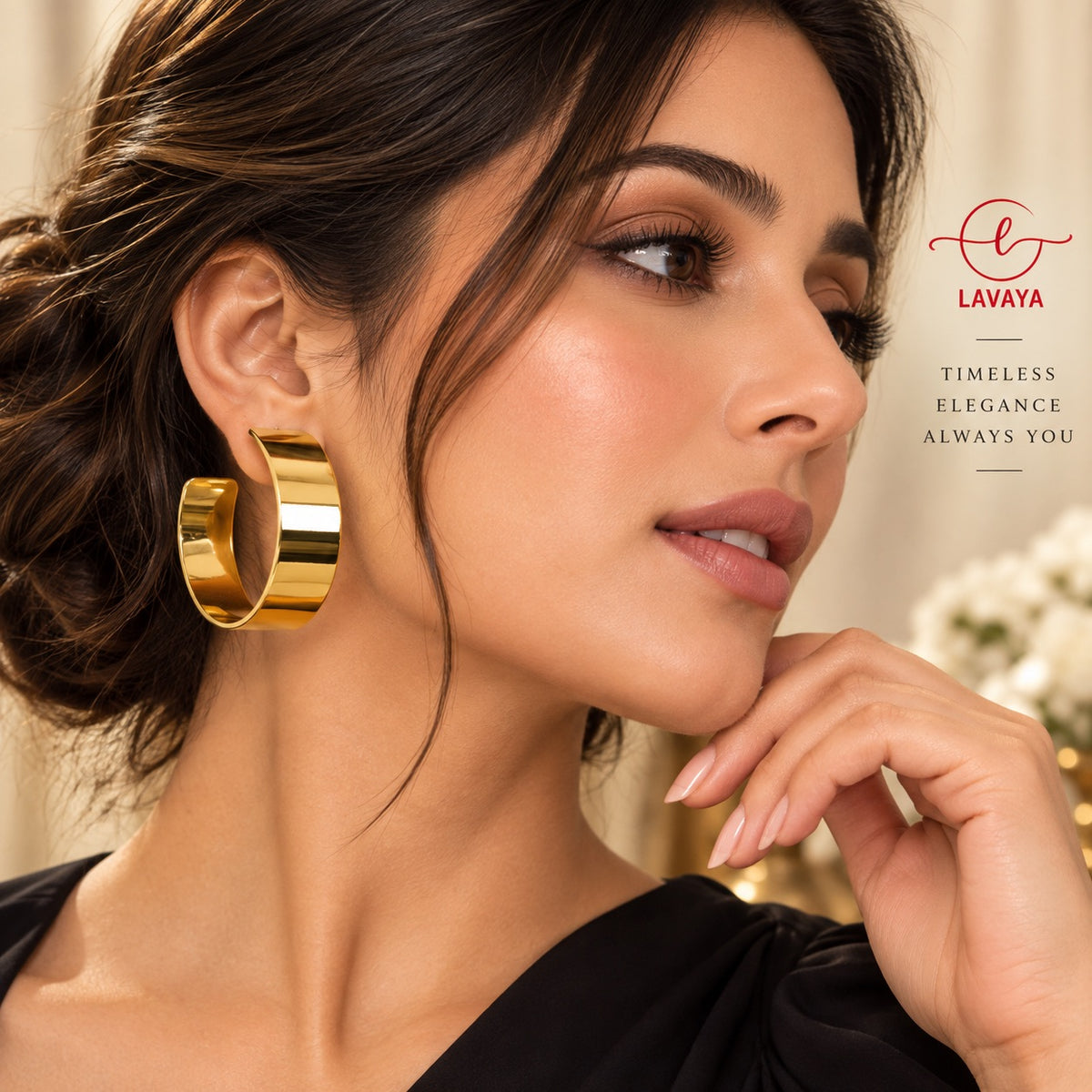 Lavaya Golden Aura Bold Wide Hoop Earrings for Women | Elegant Sculpted Cuff-Style Statement Earrings | Premium Gold-Tone Fashion Jewellery