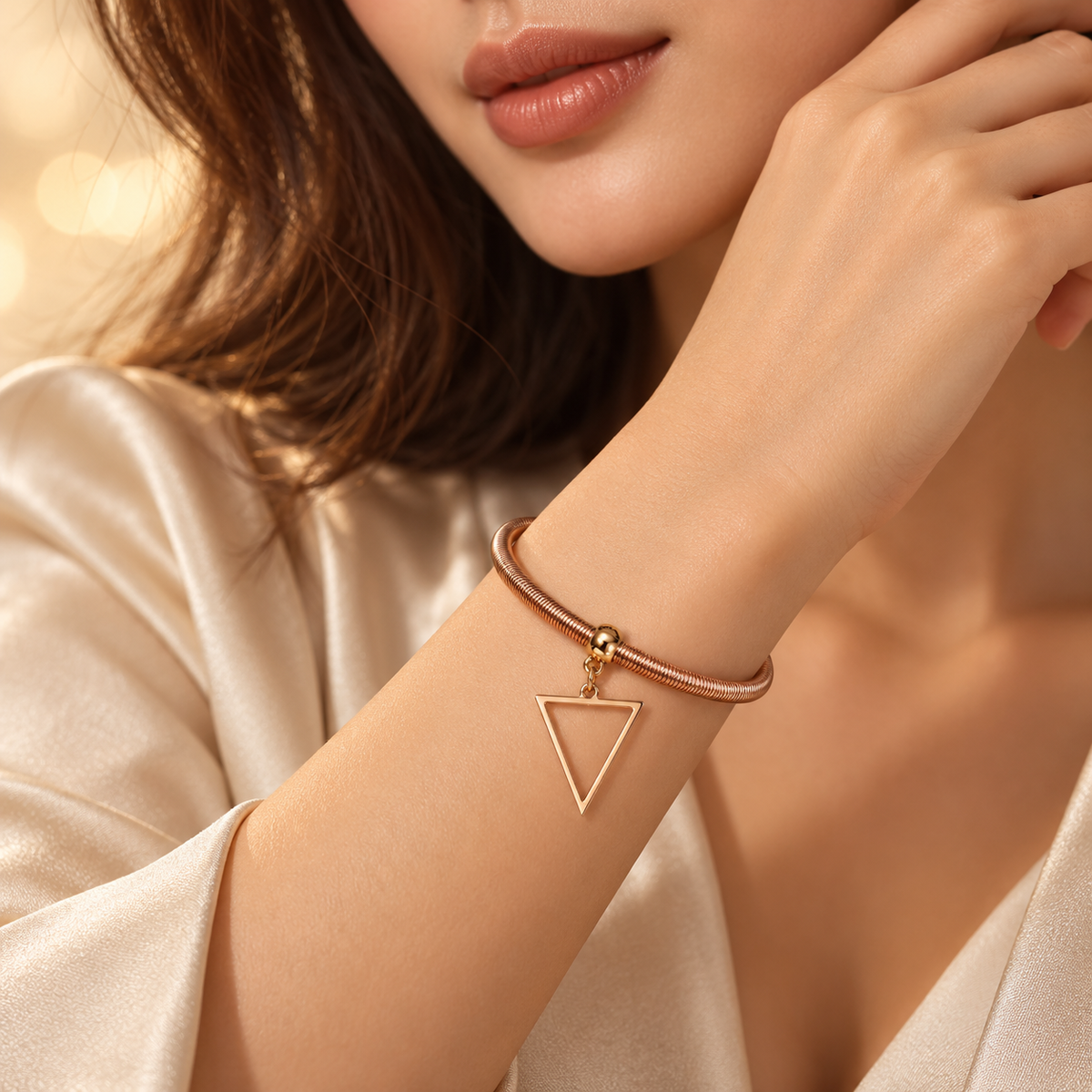 Rose Gold Snake Chain Bracelet with Geometric Triangle Charm