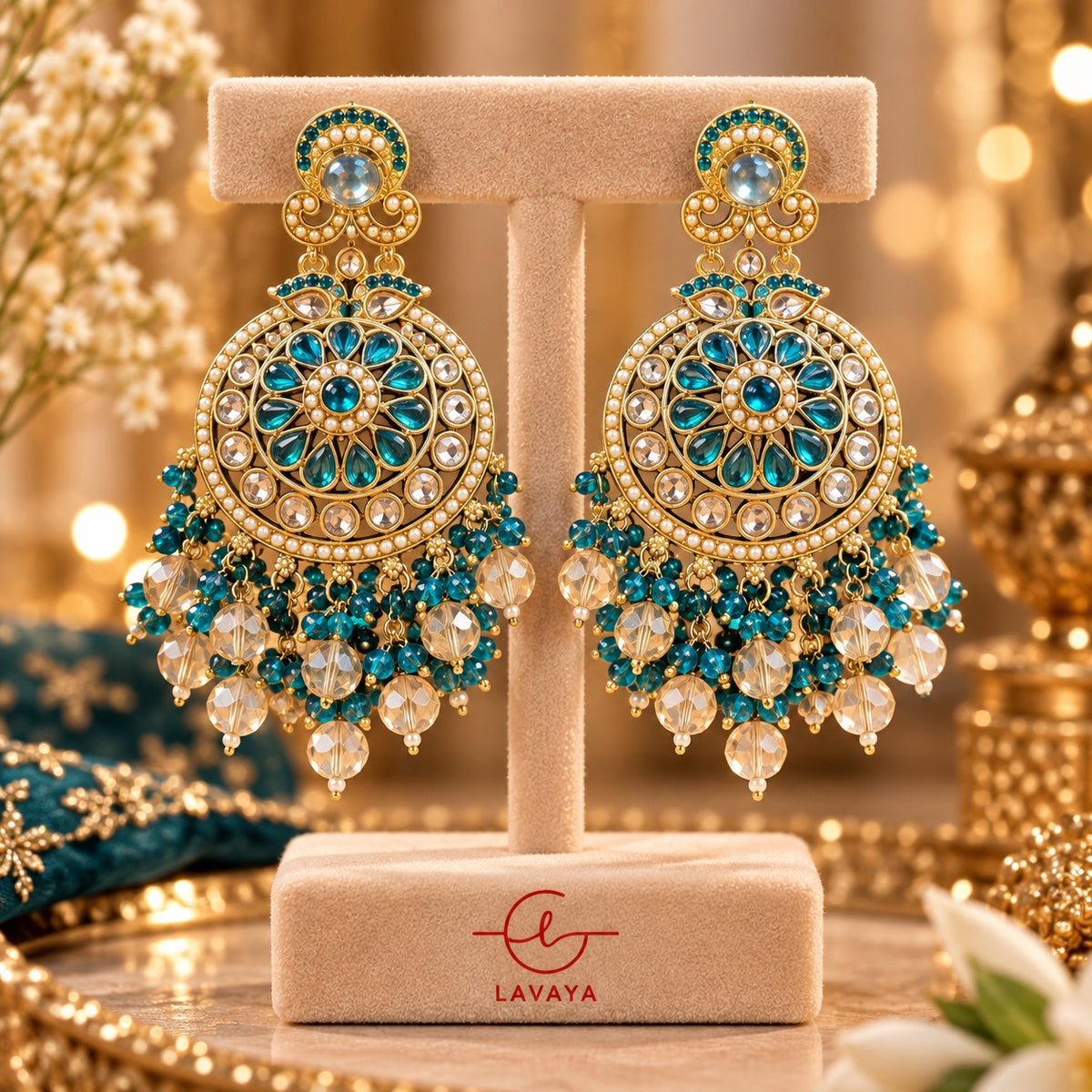 Lavaya Royal Teal Blue Floral Kundan Chandbali Earrings with Crystal Bead Drops