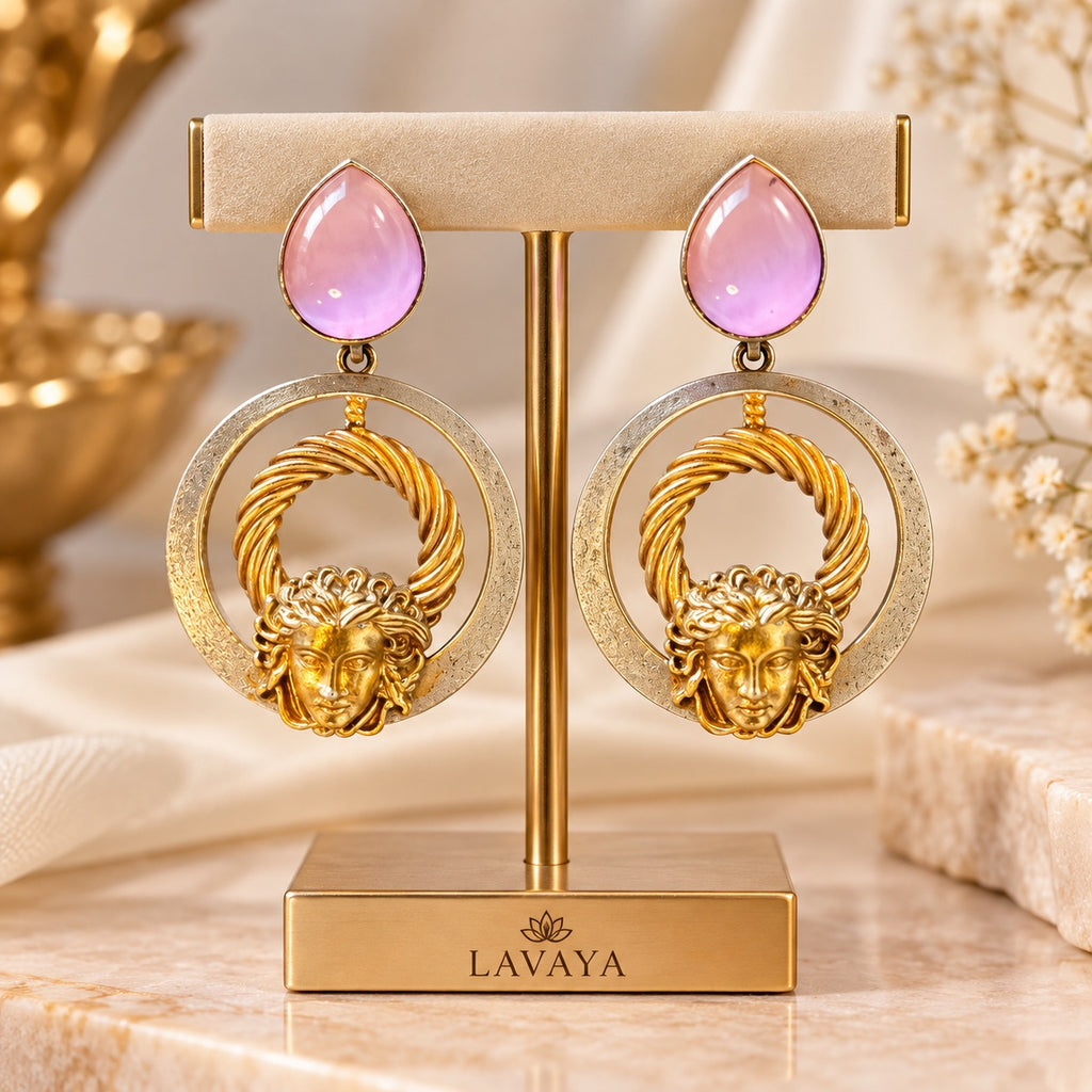Lavaya Pink Teardrop & Antique Gold Medusa-Inspired Statement Hoop Earrings