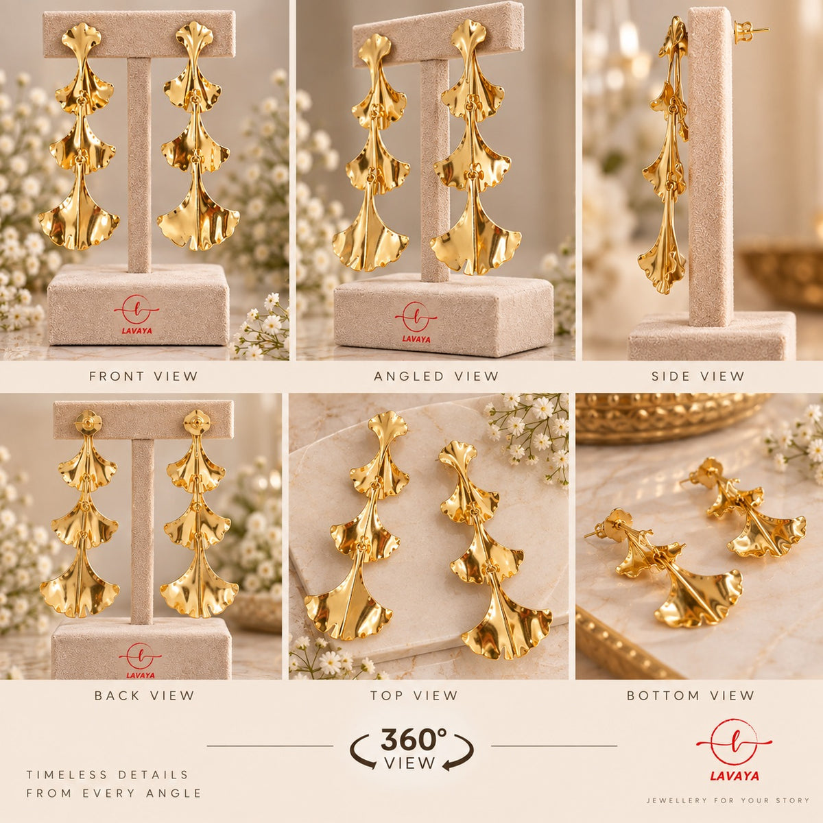 Lavaya Tiered Ginkgo Leaf Fluted Gold Statement Drop Earrings