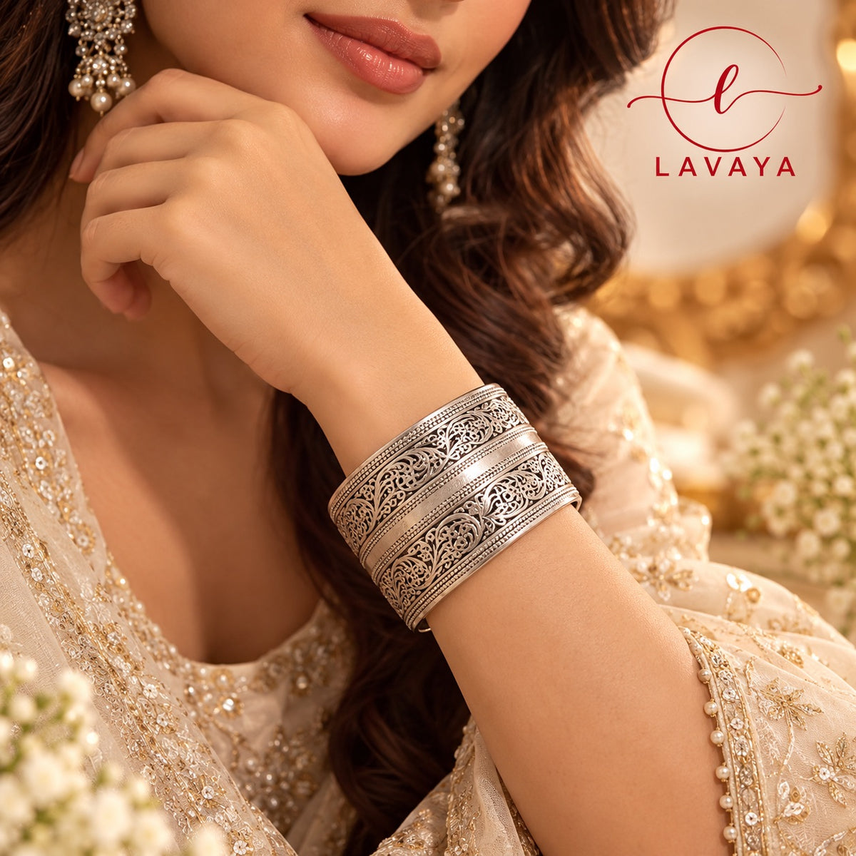 Lavaya Royal Heritage Oxidised Silver Floral Engraved Wide Cuff Kada Bracelet – Traditional Vintage Statement Jewellery