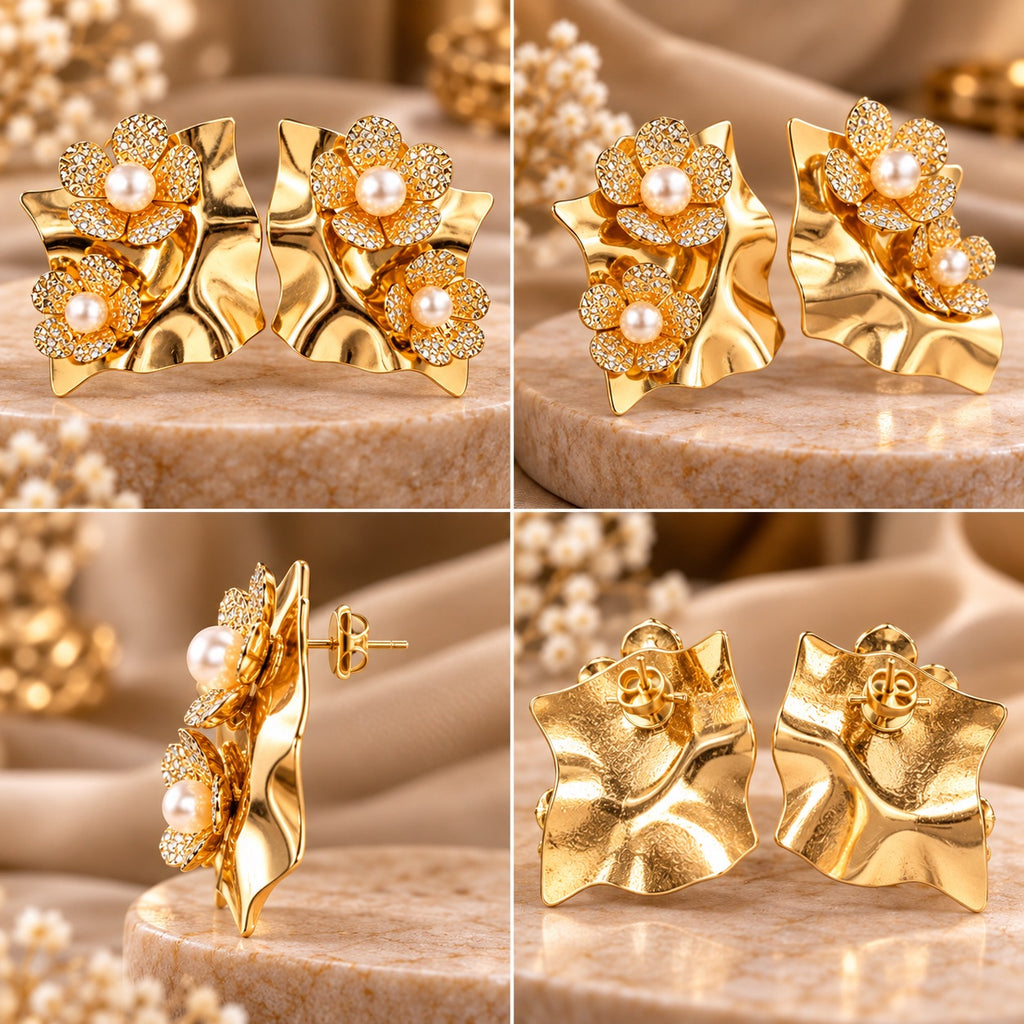Lavaya Premium Gold-Tone Pearl Floral Statement Earrings for Women – Elegant Double Flower Design with Sparkling Stone Detailing & Sculptural Wavy Finish. NO PRICE