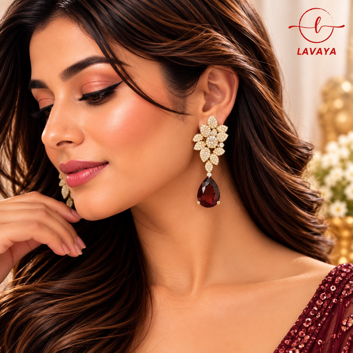Lavaya Luxury Ruby Red Teardrop Earrings with Crystal Floral Design for Women – Premium Gold-Tone Designer Wedding & Party Wear Jewellery