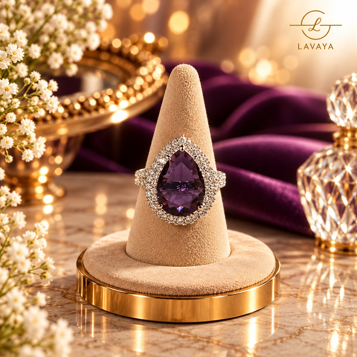 Lavaya Royal Ruby Red Pear-Cut Crystal Statement Ring with Sparkling Double Halo Design