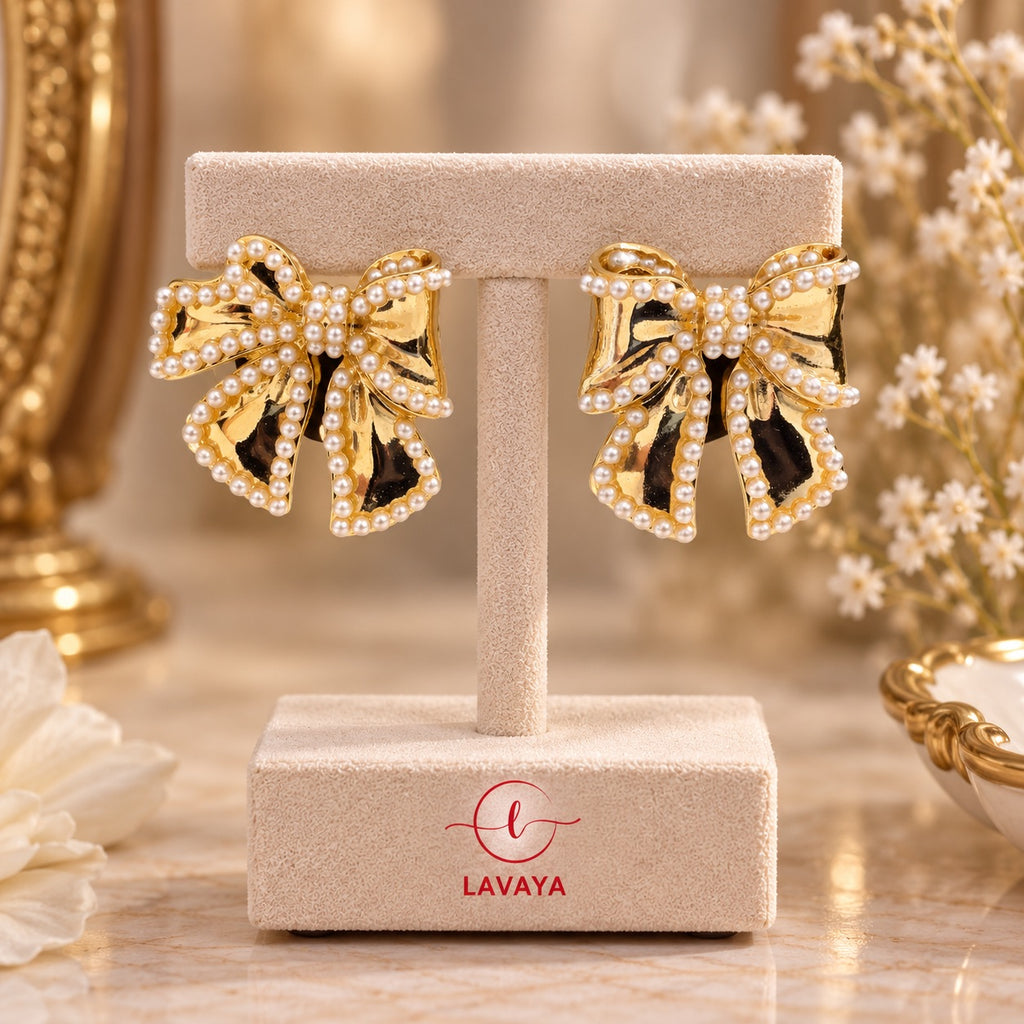 Lavaya Golden Bloom Pearl Embellished Bow Statement Earrings for Women | Elegant Floral Ribbon Design Stud Earrings