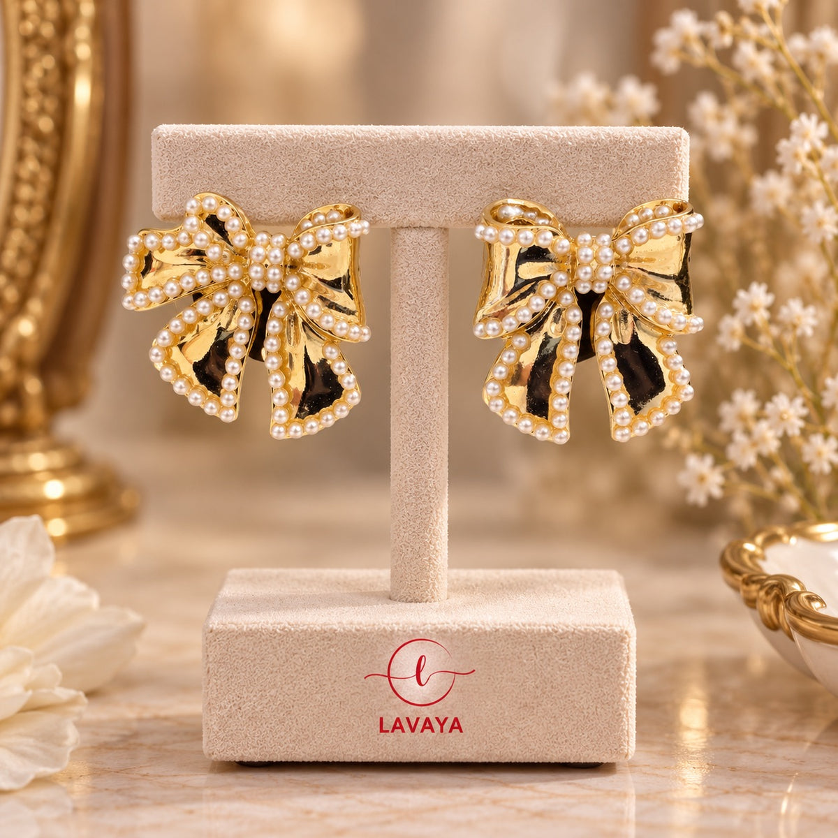 Lavaya Golden Bloom Pearl Embellished Bow Statement Earrings for Women | Elegant Floral Ribbon Design Stud Earrings