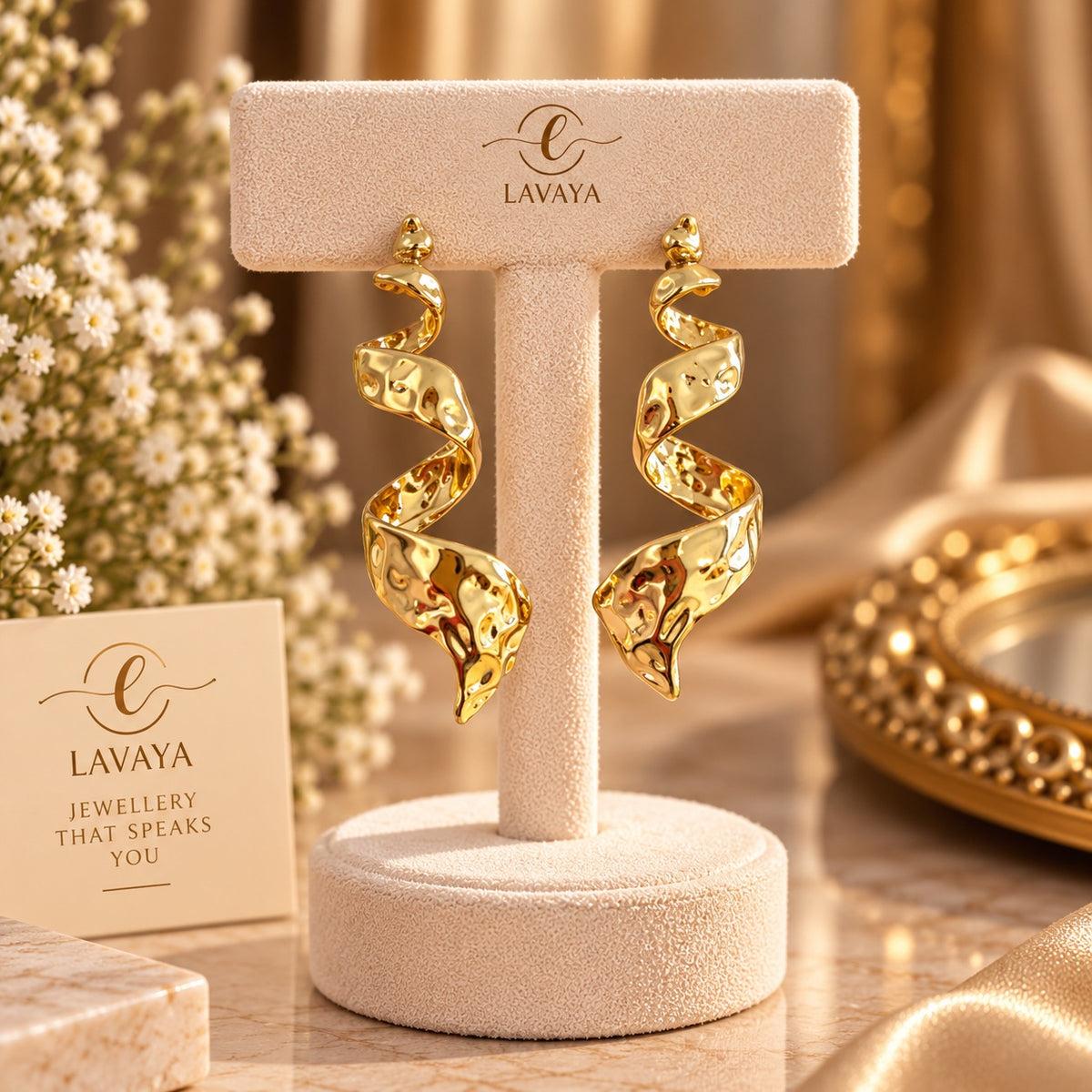 Lavaya Sculptural Hammered Gold Ribbon Spiral Statement Earrings