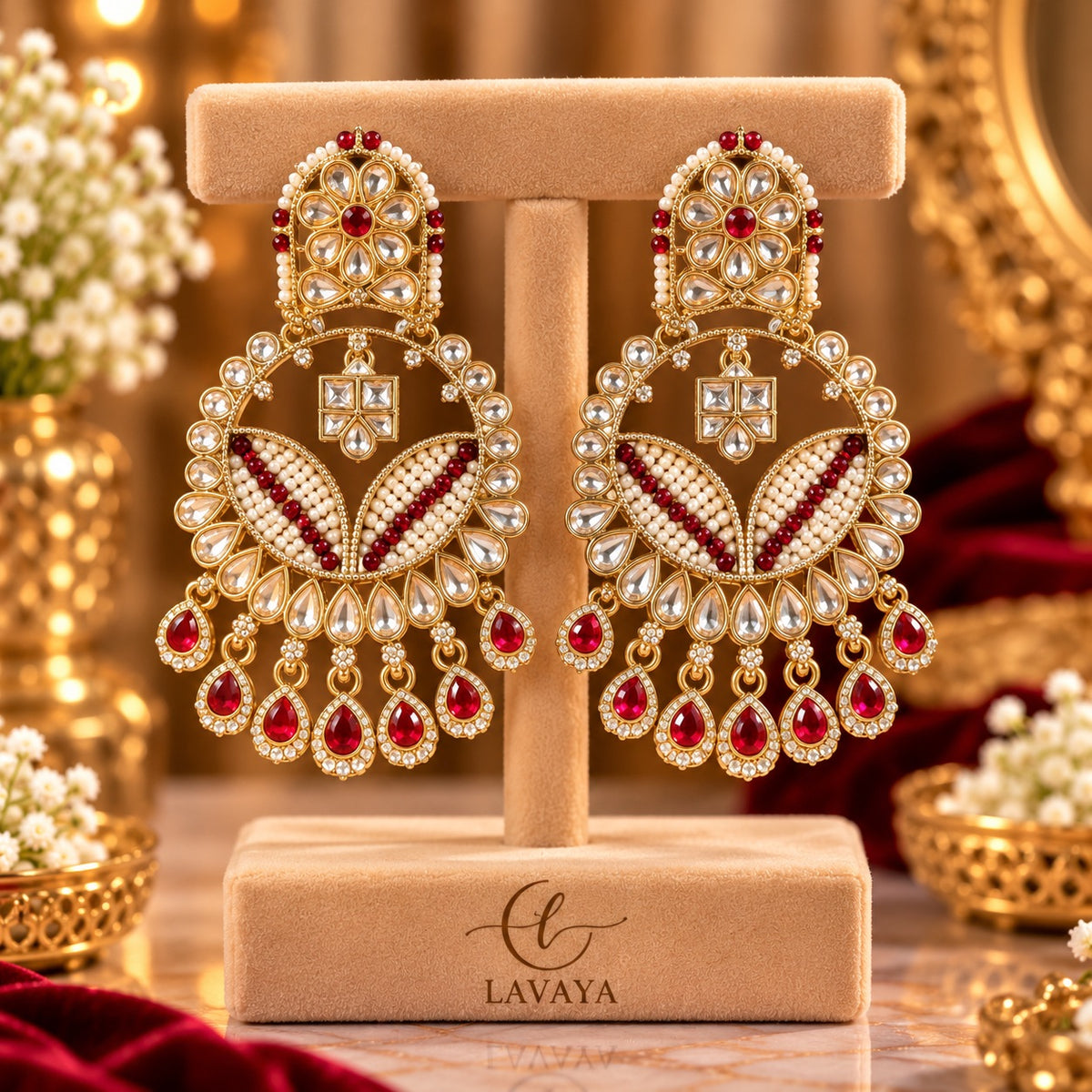 Lavaya Royal Ruby Red Kundan Statment Earrings with Pearl & Crystal Drops