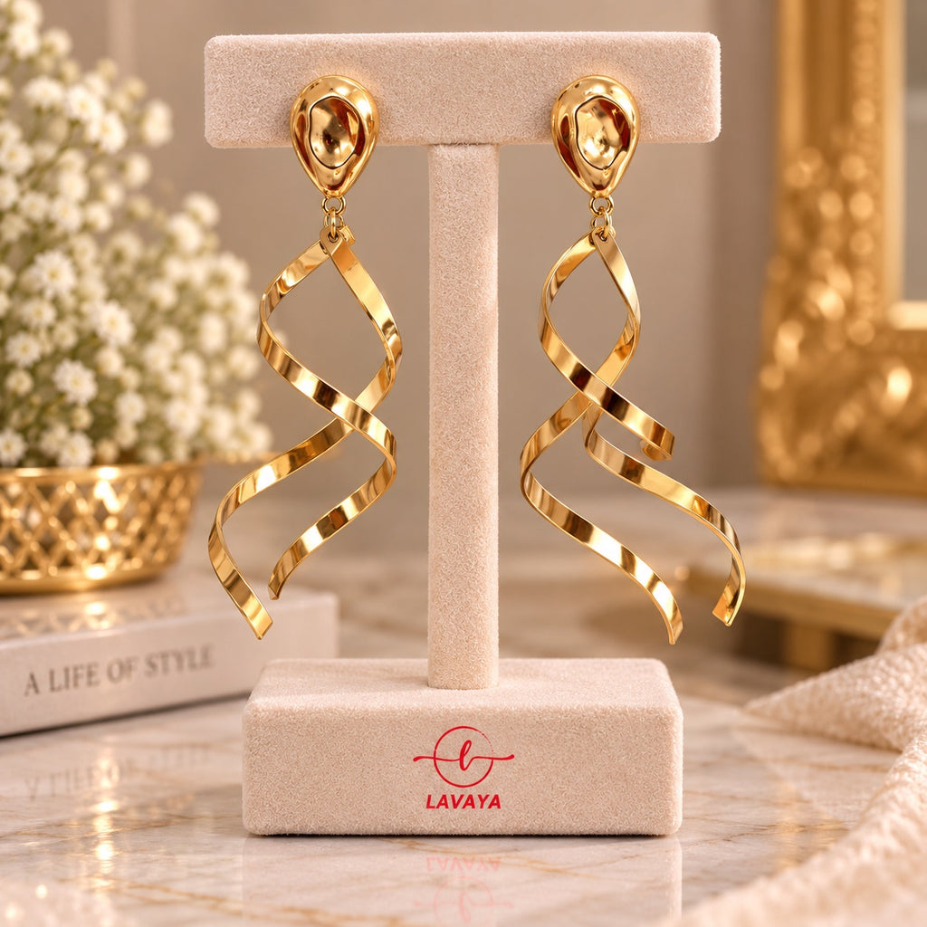 Elegant Gold-Tone Twisted Spiral Ribbon Long Drop Earrings for Women