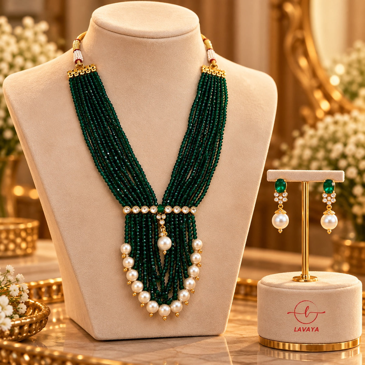 Lavaya Royal Emerald Green Multi-Strand Beaded Necklace with Pearl Drops & Matching Earrings Set