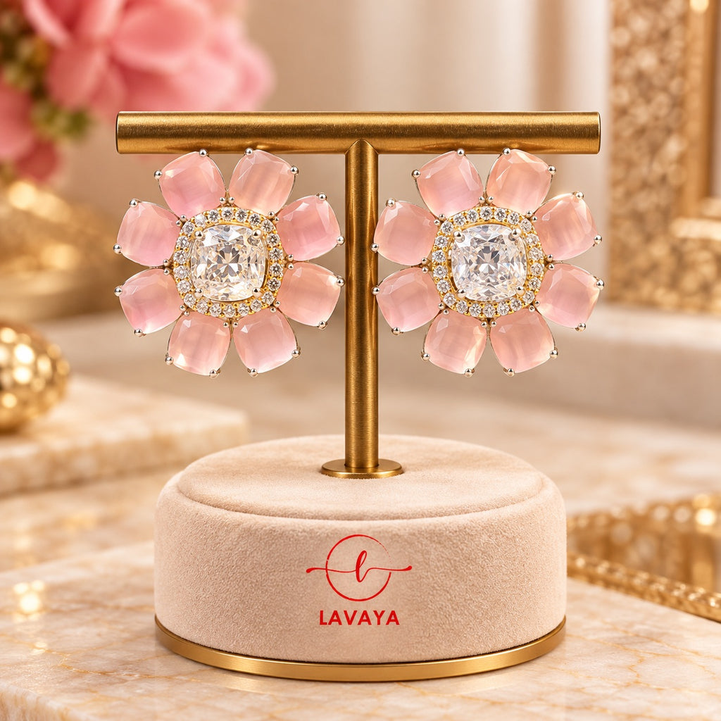 Lavaya Luxury Blush Pink Floral Crystal Stud Earrings for Women – Premium Gold-Tone Designer Flower Statement Wedding & Party Wear Jewellery